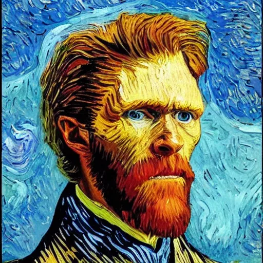 Prompt: willem dafoe as vincent van gogh, self portrait oil painting