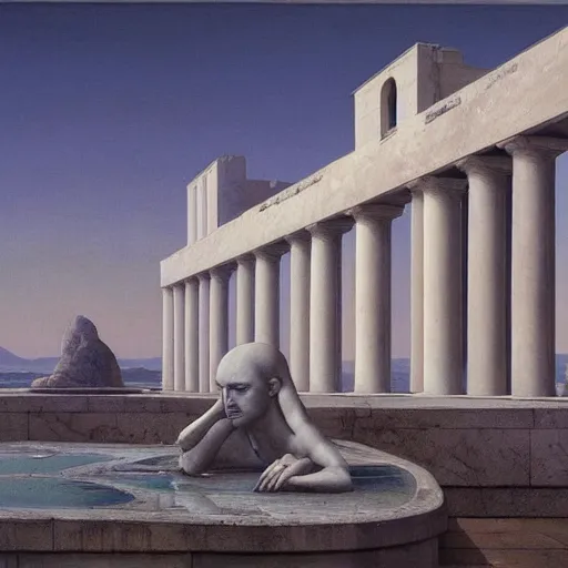 Prompt: David Ligare masterpiece, scifi nightscape, planets, hyperrealistic surrealism, award winning masterpiece with incredible details, epic stunning, infinity pool, a surreal vaporwave liminal space, highly detailed, trending on ArtStation, broken giant marble head statue ruins, calming, meditative, geometric liminal space