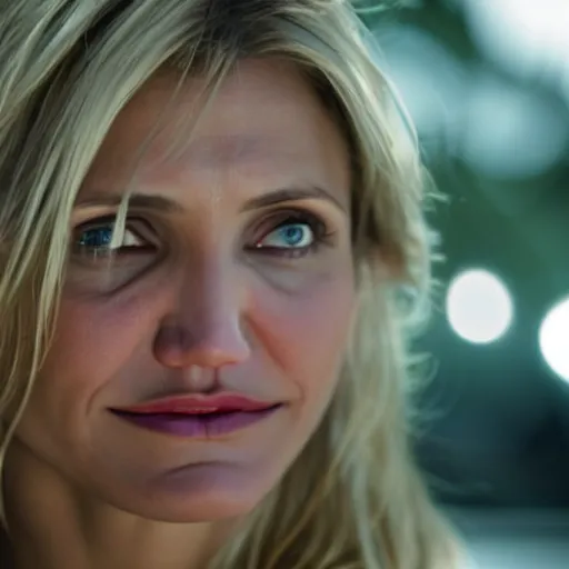 Image similar to close - up 2 0 year old cameron diaz, moody lighting, 8 k, shallow depth of field, cinematic lighting,
