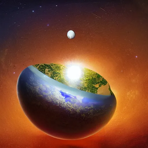 Image similar to the planet earth is in a galactic sized egg. the egg is cracked open and earth falls out. digital art, dramatic lighting, comedy, science fiction, concept art, epic fantasy, surreal.