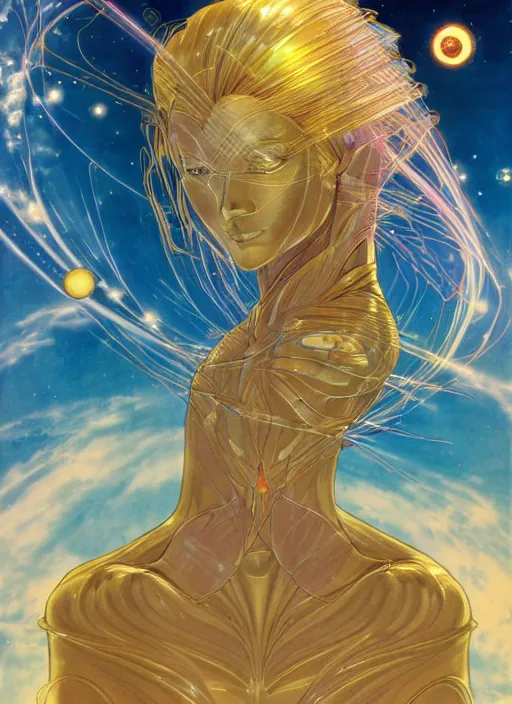 Image similar to a golden woman 2/3 figurative anime portrait, in space, head breaking apart and spiraling geometry into the sky upwards into another dimension, lazer light beaming down to top of her head, by moebius and Yoshitaka amano