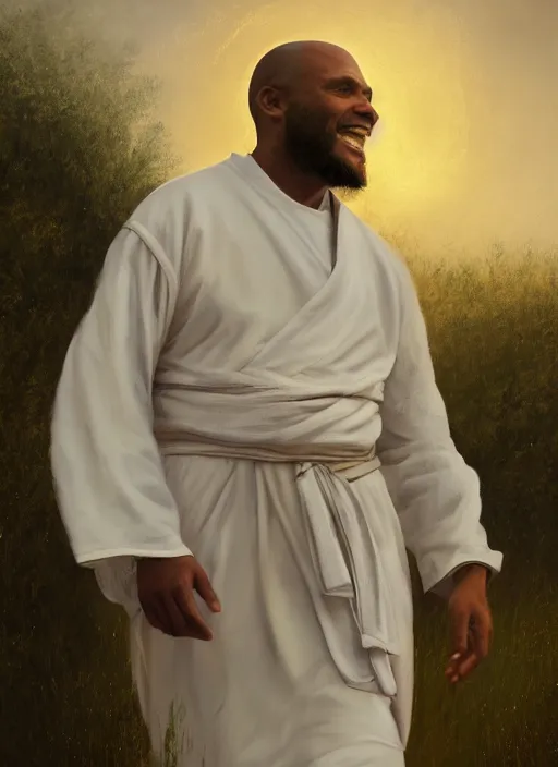 Image similar to oil painting portrait of a happy joyful rejoicing tonsured dominican monk in a white habit, striding through a flourishing garden at sunset with a monastery in the background, hazy, digital art, chiaroscuro, artstation, cinematic, golden hour, digital art painting by greg rutkowski, hazy atmosphere, flowers, cinematic lighting