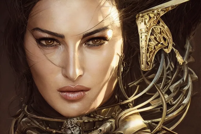 Prompt: a finely detailed portrait of Monica Bellucci, clothed in battle armor, olive skin, long dark hair, beautiful bone structure, symmetrical facial features, intricate, elegant, digital painting, trending on Artstation, concept art, smooth, sharp focus, illustration, from Metal Gear by Ruan Jia and Mandy Jurgens and Artgerm and and william-adolphe bouguerea, award winning