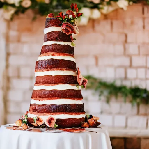 Prompt: a wedding cake made of bacon, hd professional food photography