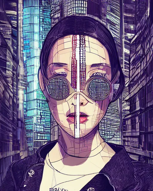 Image similar to cypherpunk fashion illustration, camera face, city street background with high tall buildings, abstract portrait highly detailed, finely detailed