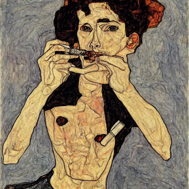 Image similar to portrait of a loner smoking a cigarette by egon schiele