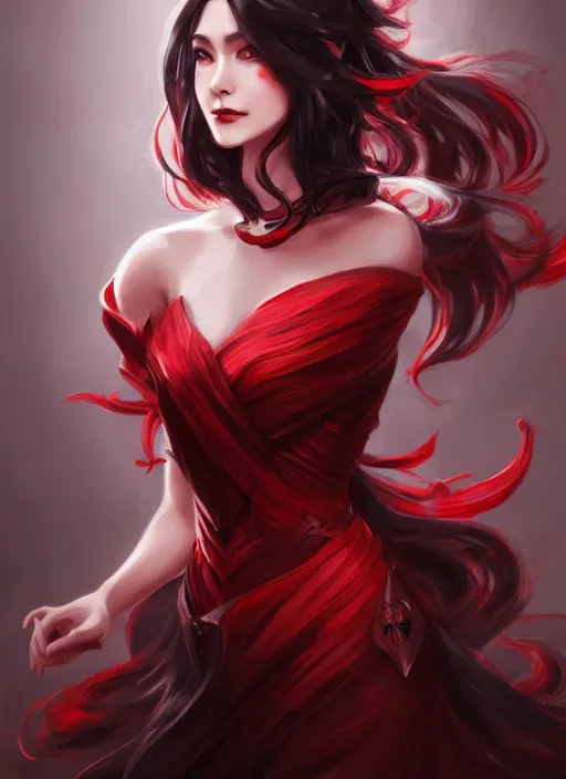 Prompt: a highly detailed illustration of hime cut black long haired woman wearing red dress, dramatic elegant smiling pose, perfect face, perfect body, intricate, elegant, highly detailed, centered, digital painting, artstation, concept art, smooth, sharp focus, league of legends concept art, wlop