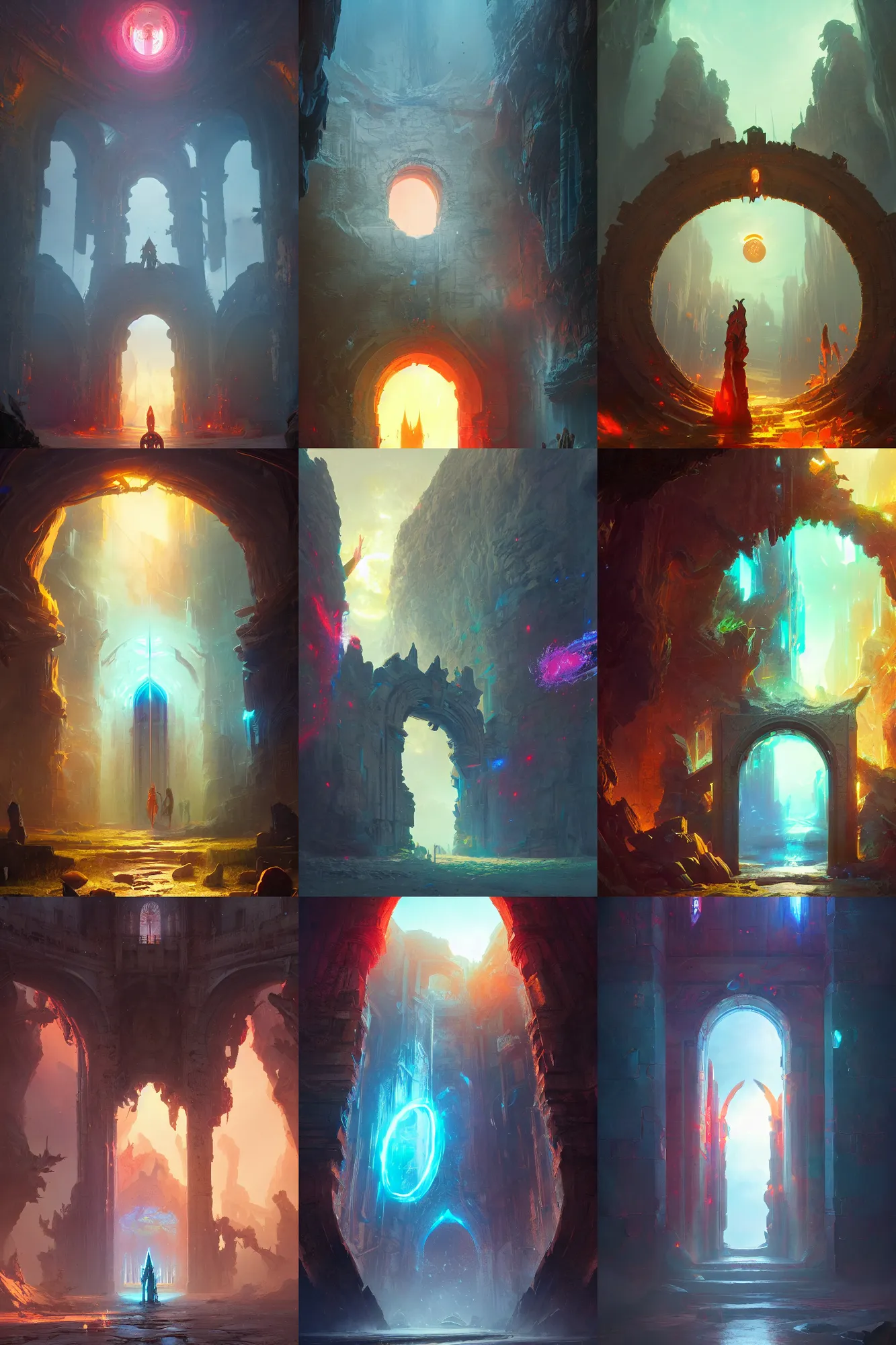 Prompt: portal to another world, large gate, highly saturated colors, epic fantasy, Nicodemus Yang-Mattisson, greg rutkowski, trending on artstation, concept art