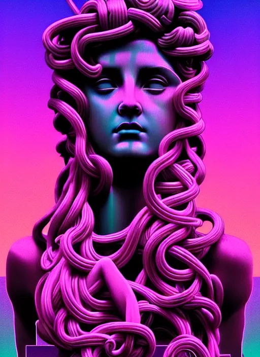 Image similar to statue of medusa, beeple, android jones, liam wong, ( ( ( ( ( dan mumford ) ) ) ) ), vaporwave, retrowave, black background, neon wiring, black, glitch, strong contrast, cuts, pinterest, trending on artstation