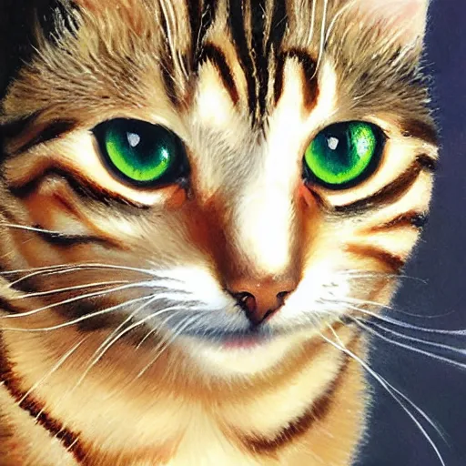 Image similar to oil painting of a small and floppy female tabby cat with white paws, mostly dark coat with black stripes, large, orange - green eyes, sweet, long tail, narrow face with long whiskers