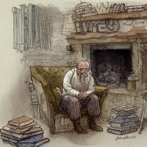 Image similar to a muted color watercolor sketch of a old man sitting in big chair next of a fireplace in his hobbit house living room surrounded by stacks of books from story book character ifrom the book Baltimore & Redingote by Jean-Baptiste Monge of an old man in the style of by Jean-Baptiste Monge that looks like its by Jean-Baptiste Monge and refencing Jean-Baptiste Monge