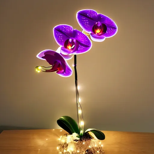 Image similar to an orchid flower, robotic, made of metal, shiny, LED lights, glowing