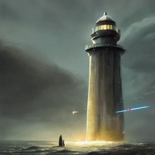 Prompt: star wars concept art by greg rutkowski, a brutalist giant tower in the shape of a lighthouse in the middle of a raging and stormy ocean, lightning storm and gale force winds, dark environment, dramatic atmosphere, artstation hq.