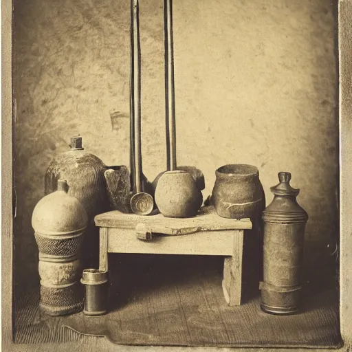 Image similar to Tintype photograph of primitive objects displayed in an ethnographic museum, archive material, anthropology, 1920s studio lighting.