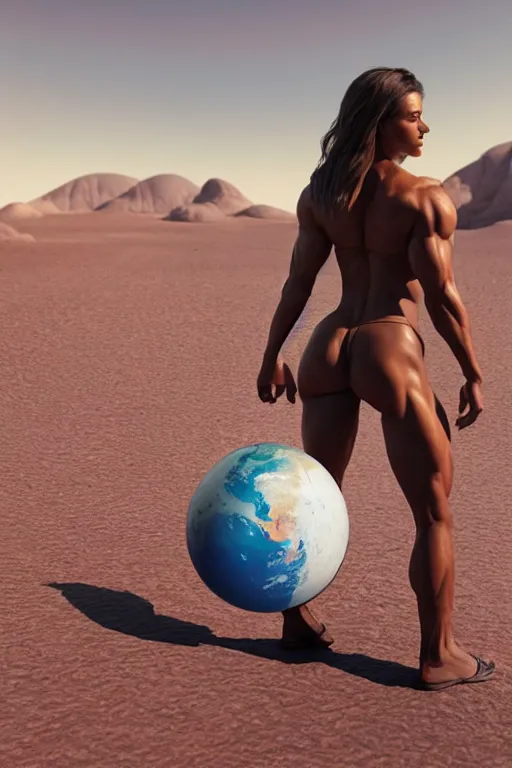 Image similar to a beautiful muscular woman carrying a giant planet Earth on her back, long hair, beautiful, hyperrealistic, concept art, octane render, unreal engine 5, trending on Artstation, high quality, 8K, soft lighting, trending on DeviantArt, highly detailed, high quality, digital art, anatomically correct, five fingers, desert in the background, path traced, complementary colors, natural lighting, epic image