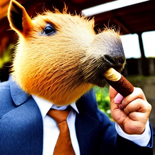 Prompt: a photo of an antropomorphic accurate capybara wearing a business suit and smoking a cigar in his mouth