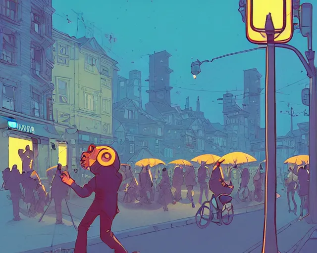 Image similar to a study of cell shaded cartoon of the concert of a music band playing music, street lamps, road, illustration, wide shot, subtle colors, post grunge, concept art by josan gonzales and wlop, by james jean, Victo ngai, David Rubín, Mike Mignola, Laurie Greasley, highly detailed, sharp focus, Trending on Artstation, HQ, deviantart, art by artgem