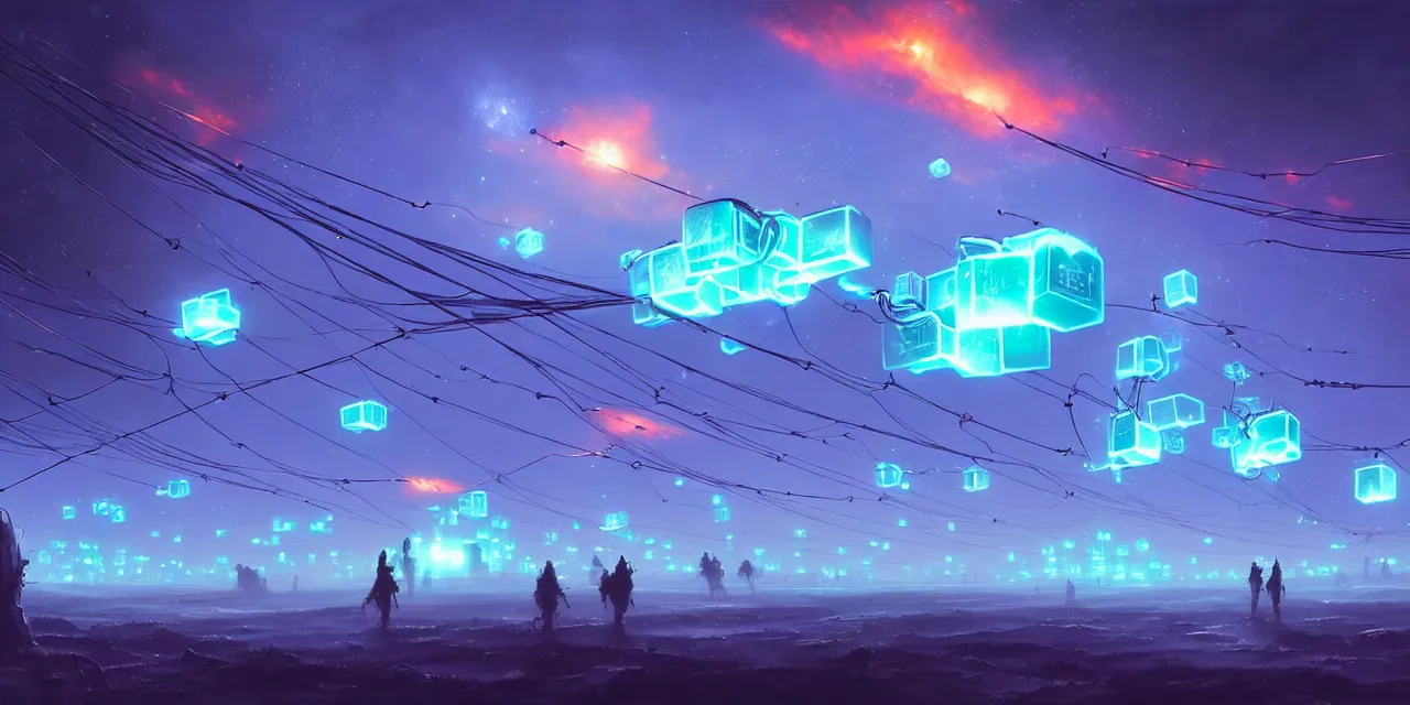 Image similar to a fleet of giant glowing futuristic cubes tied to each other with lots of wires in the sky, a fantasy magical landscape seen in the distance, atmospheric lighting, intricate, volumetric lighting, beautiful, sharp focus, ultra detailed, in the art style of marc simonetti, bowater charlie and brom gerald, astrophotography