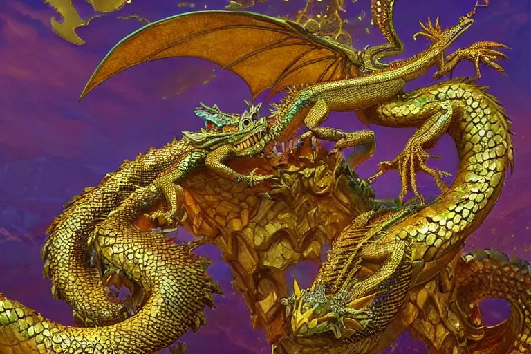 Image similar to a jeweled scaly dragon on top of treasure, by Warwick Goble and Howard Pyle, iridescent scales, heaps of gold, dramatic lighting, featured on artstation, unreal engine, extremely detailed