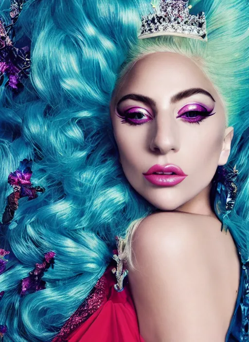 Image similar to lady gaga photohoot artpop disney princess, vogue magazine, fairytale, Highly realistic. High resolution. Highly detailed. Dramatic. 8k.4k.