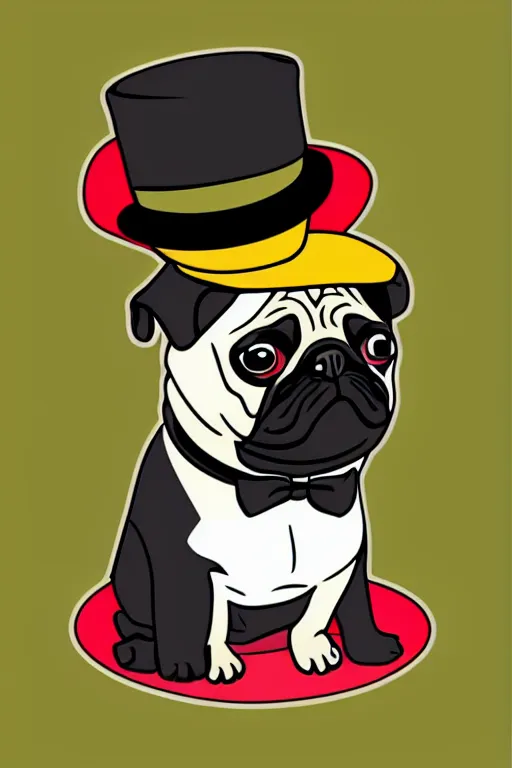 Image similar to A portrait of a pug wearing a top hat, sticker, colorful, illustration, highly detailed, smooth and clean vector curves, no jagged lines, vector art, smooth