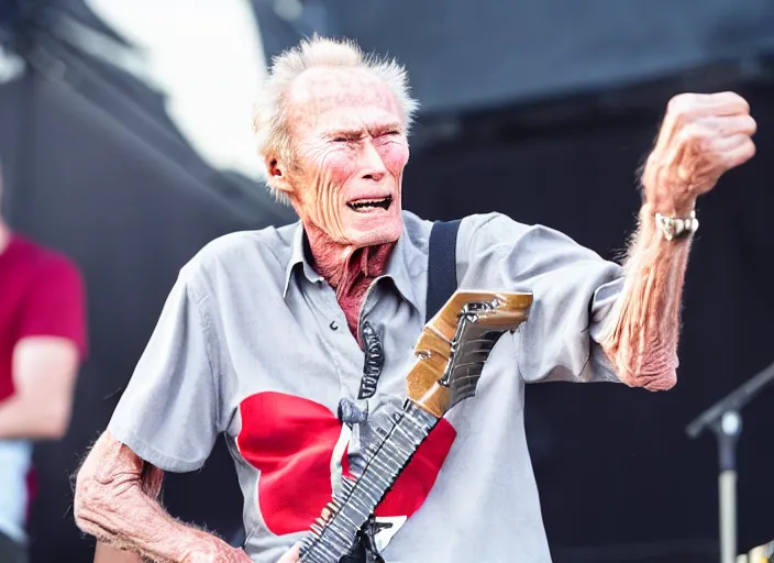 Image similar to photo still of clint eastwood on stage at vans warped tour!!!!!!!! at age 6 8 years old 6 8 years of age!!!!!!!! playing a piano on fire, 8 k, 8 5 mm f 1. 8, studio lighting, rim light, right side key light