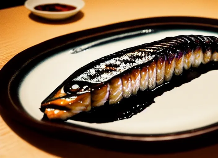 Image similar to a film still portrait of a plate with unagi grilled eel, finely detailed features, closeup at the food, perfect art, at a dinner table, gapmoe yandere grimdark, trending on pixiv fanbox, painted by greg rutkowski makoto shinkai takashi takeuchi studio ghibli, akihiko yoshida