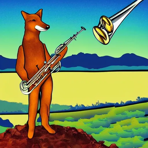 Image similar to a killer acid illustration of a dingo trumpet player standing alone on a hill near the river, filling the sky with music