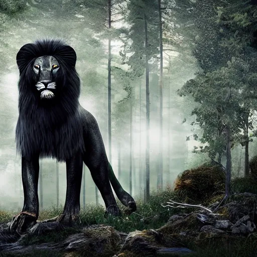 Image similar to epic photography of black lion with gold lightnings in the fur in the middle of the ancient forest , colossal scale, photorealistic, high details, intricate by Nick Nichols and Evgeniy Antonenkov