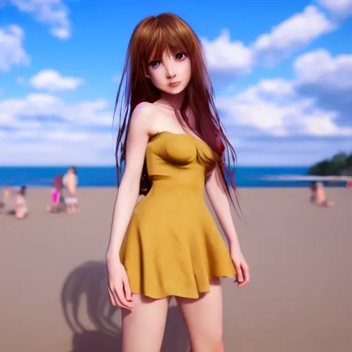 Prompt: Render of a beautiful 3d anime girl, long hair, hazel eyes, cute freckles, full round face, short smile, cute sundress, golden hour, serene beach setting, medium shot, mid-shot, highly detailed, trending on Artstation, Unreal Engine 4k