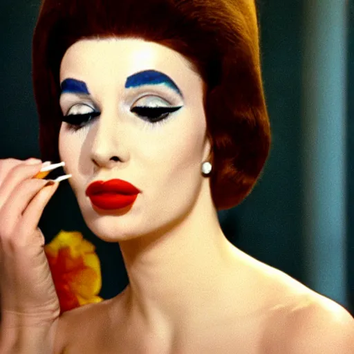 Image similar to glamorous woman with a nostril face, long snout, 1974 arthouse film, archival footage, technicolor film