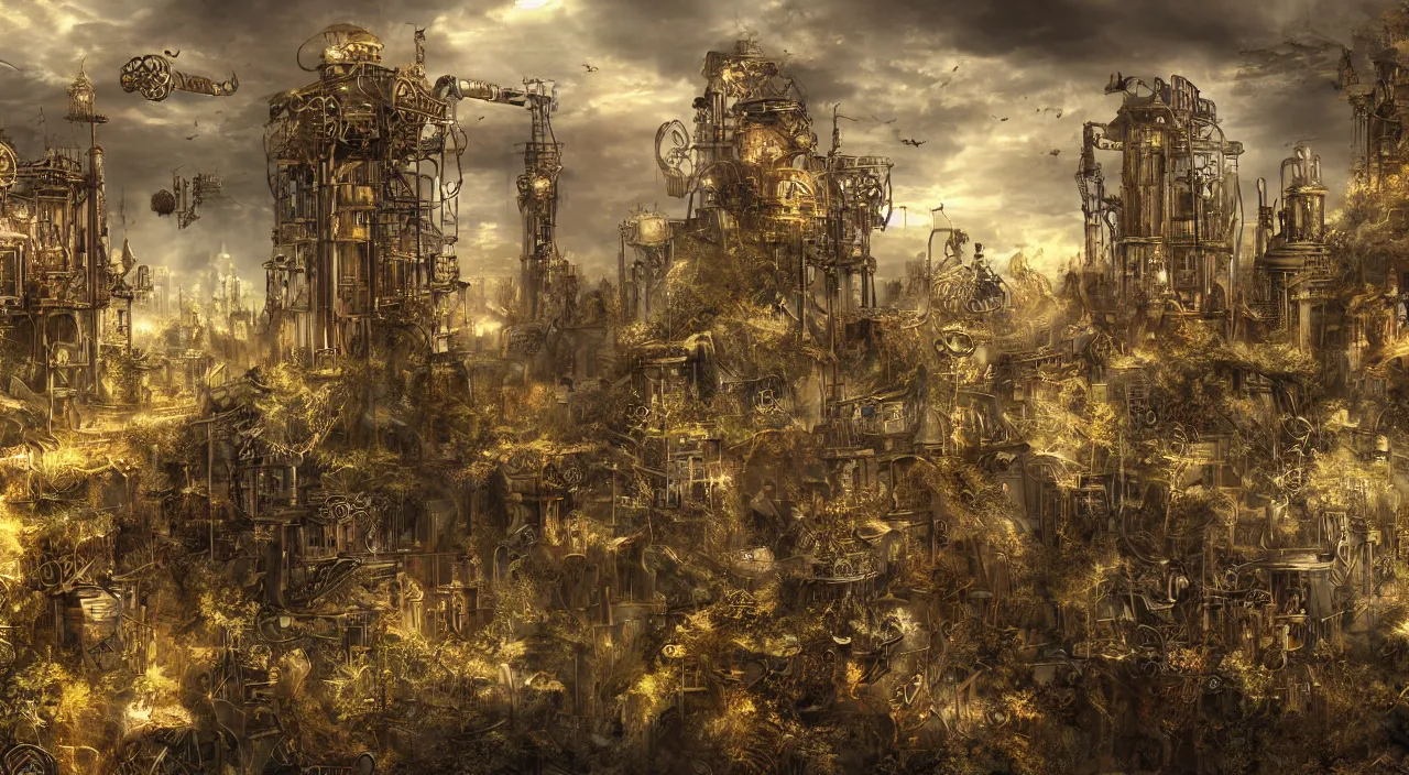 Prompt: a stunning digital artwork of a steampunk landscape