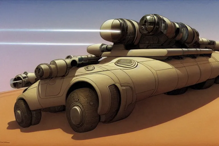 Image similar to a futuristic troop transport with eight wheels and a huge laser cannon on top driving across a vast desert, painting by ralph mcquarrie