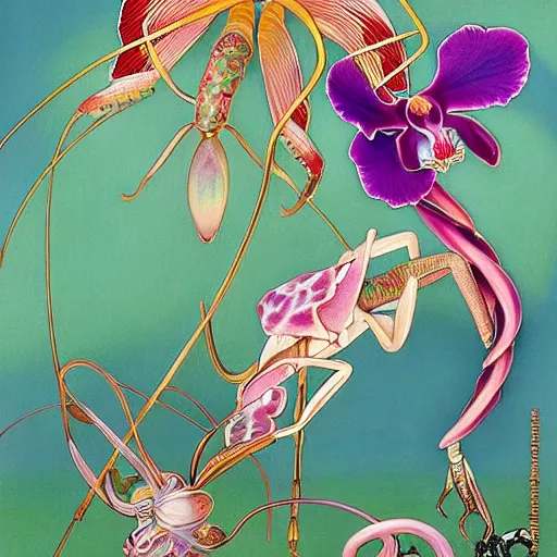 Image similar to majestic colorful orchid mantis cloisonne enamel by leon bakst and yoshitaka amano, cloisonne, beautiful hyperdetailed art nouveau orchids, james jean, amanda sage