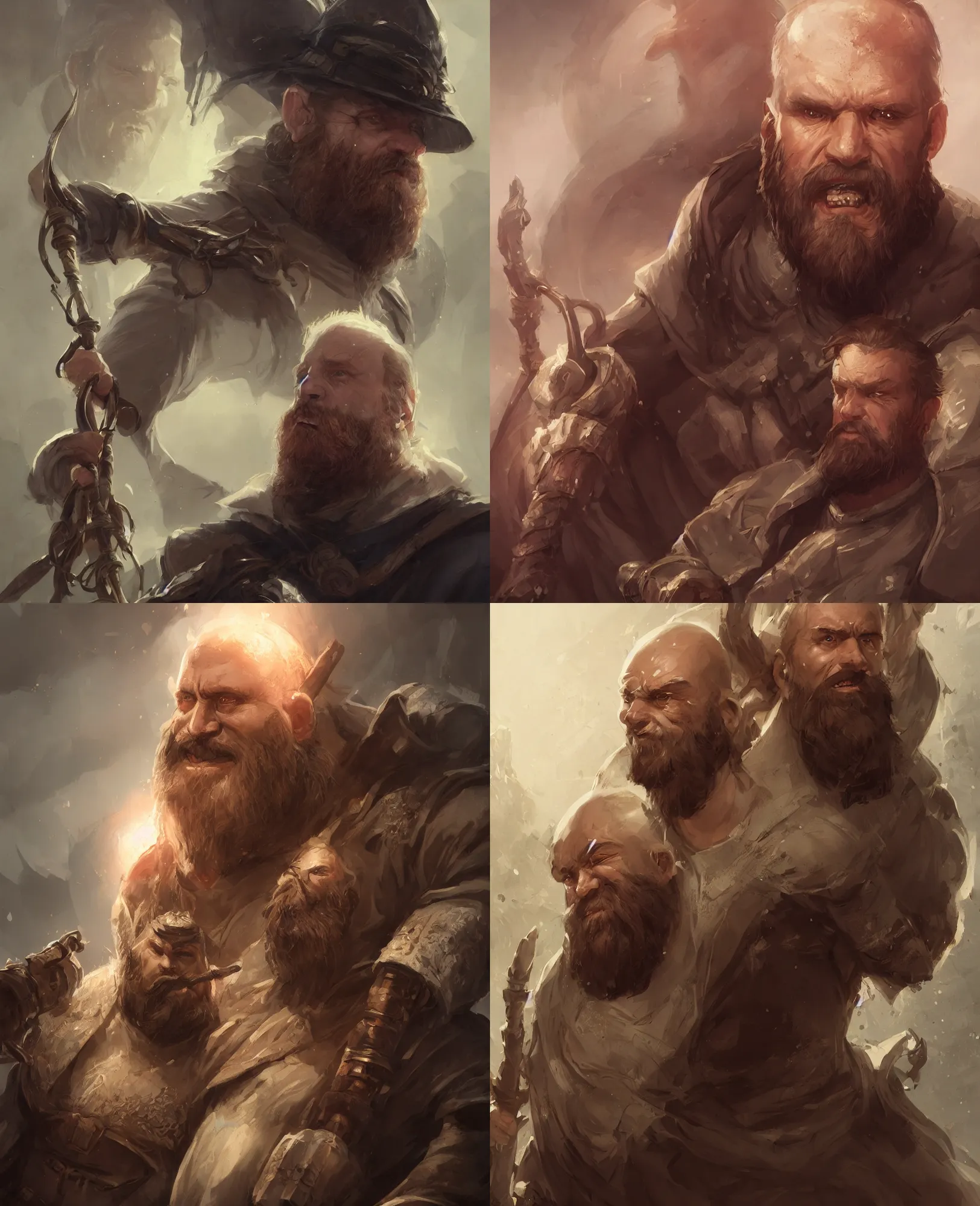 Prompt: A handsome portrait of middle aged cleric with a receding hairline and a ginger beard holding a staff, kind eyes, character art, concept art, character design, happy, cinematic, hyper detailed, matte painting, portrait, attractive face, Bayard Wu, Greg Rutkowski, Cedric Peyravernay, Anato Finnstark, artstation, 8k