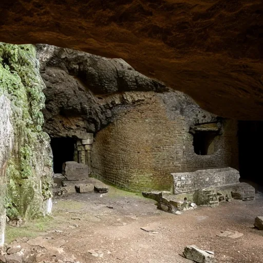 Prompt: ancient ruins in the interior of a cave