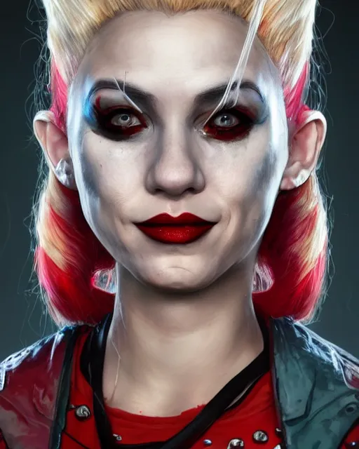 Image similar to harley quinn spider queen portrait, au naturel, hyper detailed, digital art, trending in artstation, cinematic lighting, studio quality, smooth render, unreal engine 5 rendered, octane rendered, art style by klimt and nixeu and ian sprigger and wlop and krenz cushart.