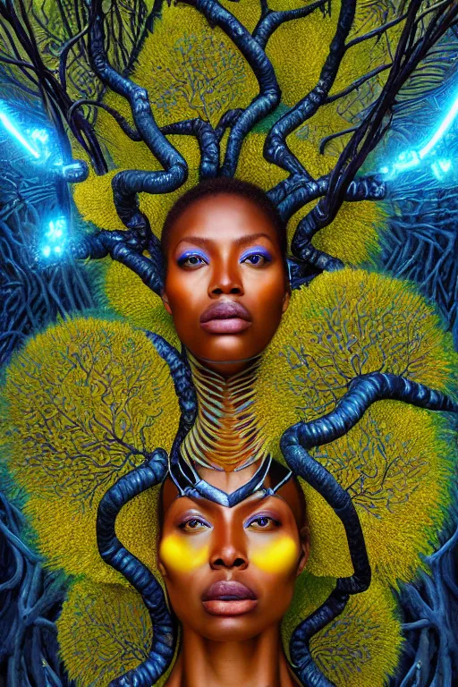 Prompt: hyperrealistic byzantine super expressive! black woman with exoskeleton armor, merging with tree in a forest, highly detailed digital painting masterpiece smooth cam de leon hannah yata dramatic pearlescent blue yellow light ground angle hd 8k sharp focus