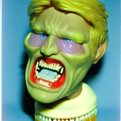 Image similar to gary busey creature, 9 0 s toy commercial, photo from the 7 0 s, horror lighting, neon lighting, polaroid photo,