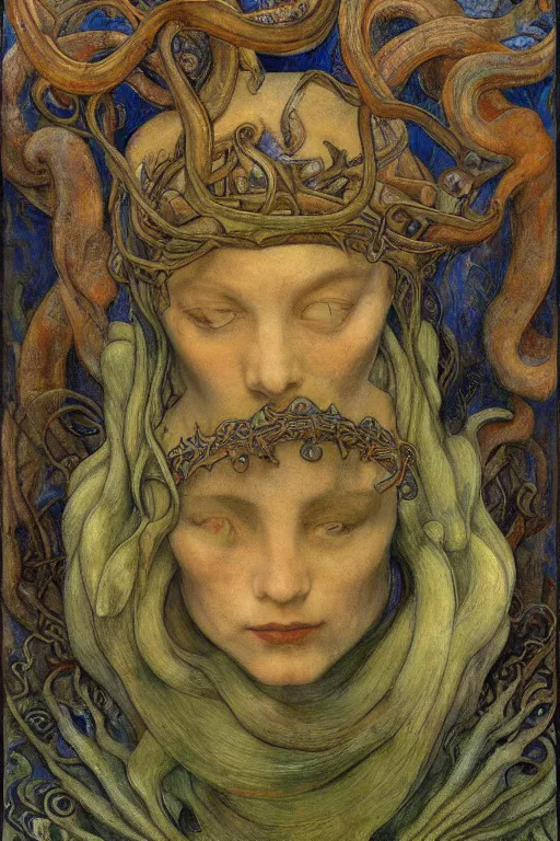 Prompt: the tentacle crown,by Annie Swynnerton and Diego Rivera and Elihu Vedder, symbolist, dramatic lighting, elaborate geometric ornament, Art Brut, bioluminescent, soft blues and greens,smooth, sharp focus, extremely detailed, Adolf Wölfli