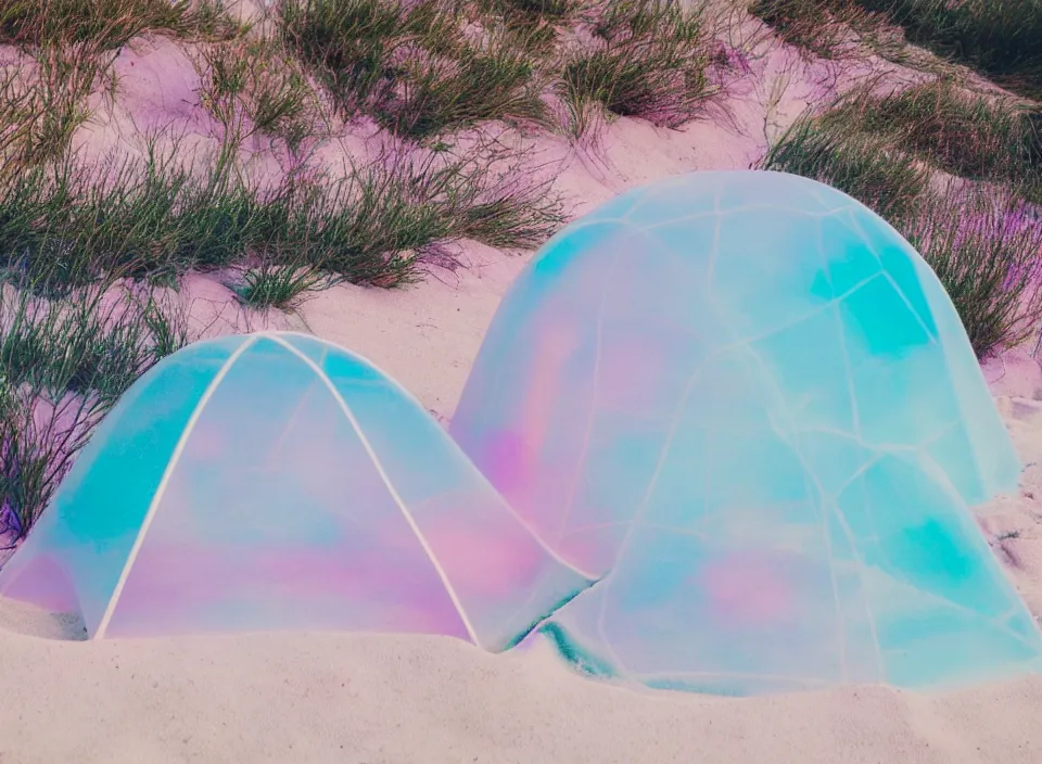 Prompt: a pastel coloured vintage family holiday photo of an empty beach from an alien dreamstate world with chalky pink iridescent!! sand, reflective lavender ocean water, dim bioluminescent plant life and an igloo shaped shiny plastic transparent festival tent. glare. refraction, volumetric light.