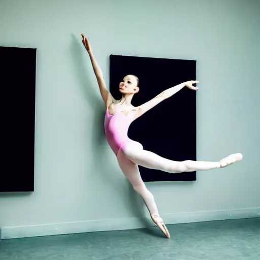 Prompt: hyperrealistic female ballet dancer doing an extreme stretch in a dance classroom with mirrors,dance photography,aerial view, forshortening,pastel colors,highly detailed
