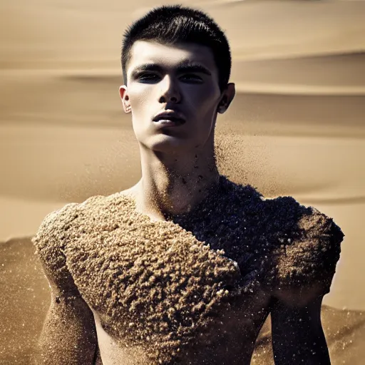 Prompt: a portrait of a beautiful young male wearing an alexander mcqueen armor made of sand , photographed by andrew thomas huang, artistic