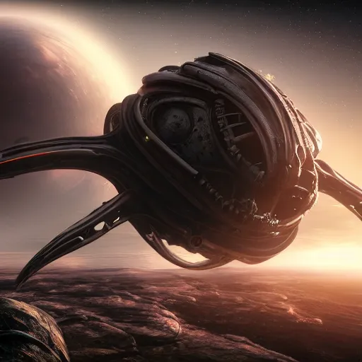 Prompt: cinematic photo of a biomechanical spaceship in orbit of an alien planet, weta digital, redshift render, caustic, 8 k, biopunk