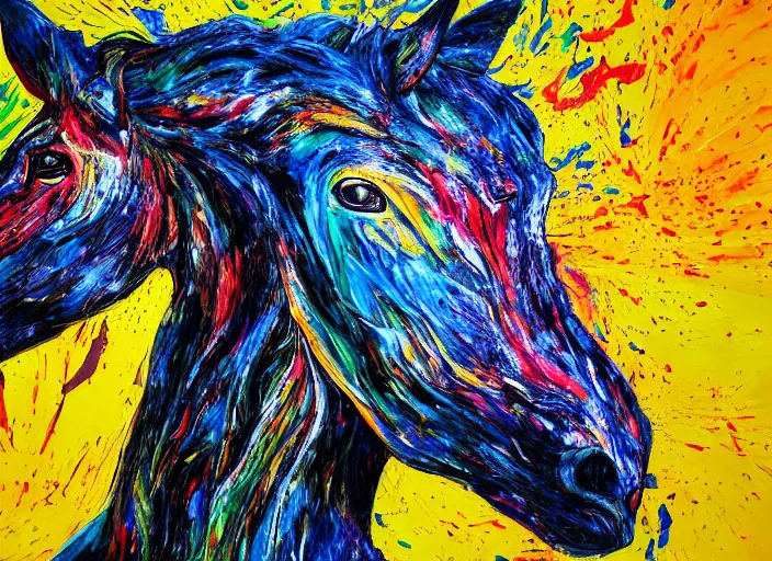Prompt: abstract expressionist mid shot portrait of a horse made of very thick impasto paint and acrylic pour and coloured powder explosion and splashing paint and dripping paint and flying paint chunks, eyes closed or not visible, expressing strong emotions, motion blur, hyperrealistic, intricate art photography, anatomically correct, realistic crisp textures, 1 6 k