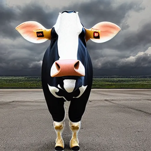 Image similar to a highly detailed ultra realistic photograph of a cow dressed in a fighter jet jumpsuit and mask