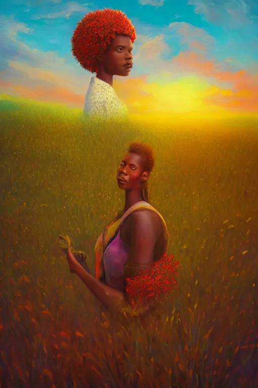 Image similar to closeup, giant flower as head, african woman in heather field, surreal photography, golden hour, colorful clouds, impressionist painting, digital painting, artstation, simon stalenhag
