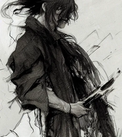 Prompt: portrait of anime man with long dark hair wearing a dark robe, pen and ink, intricate line drawings, by craig mullins, ruan jia, kentaro miura, greg rutkowski, loundraw