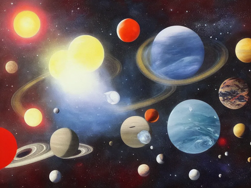 Image similar to A beautiful painting of five planets by Gioele Muscolino and Daniel Oxford, five planets that are black, white, yellow, red, and blue, behind the galaxy and the universe, Trending on artstation, By Emmanuel Lubezki