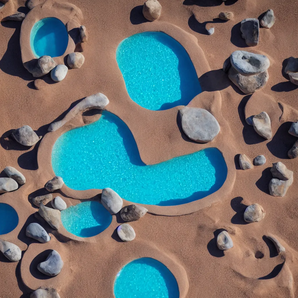 Image similar to obsidian boulders outdoor sculpture, orange sand desert with pools of milky blue water, bubbles, light leaks, birds eye view